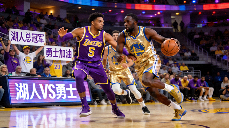 NBA篮球比赛直播画面，湖人队对阵勇士队