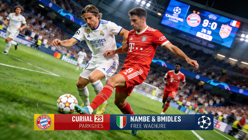 欧冠足球比赛直播画面，皇家马德里队与拜仁慕尼黑队球员争抢