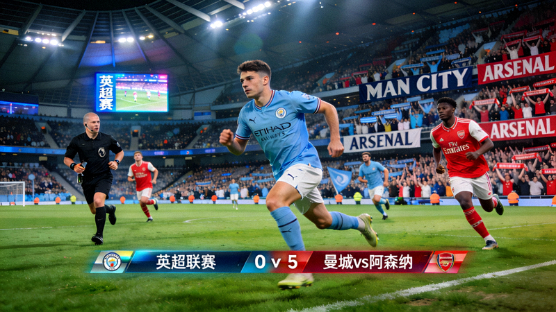 英超足球比赛直播画面，曼城队主场对阵阿森纳队