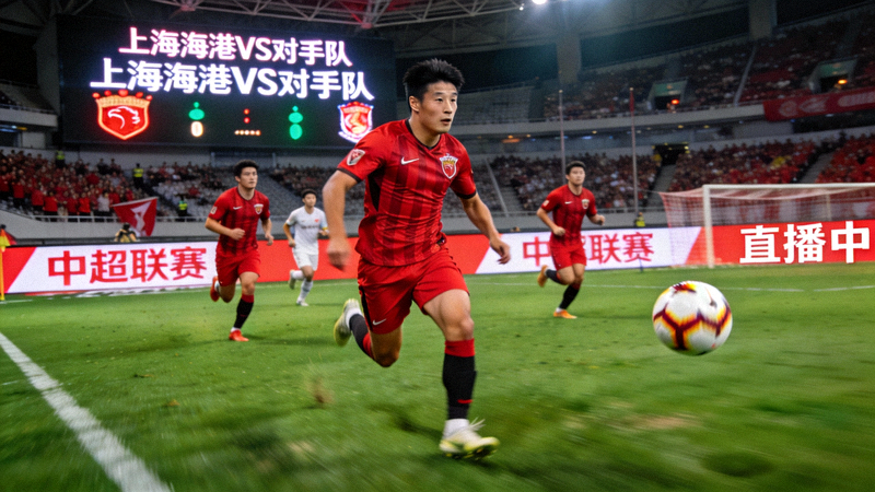 中超足球比赛直播画面，上海海港队球员在比赛中